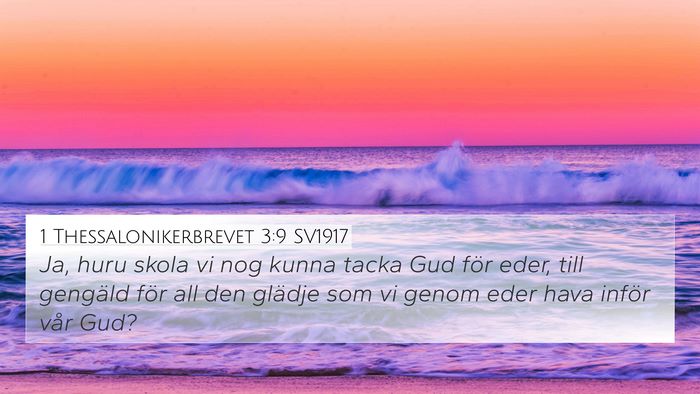 1 Thessalonikerbrevet 3:9 SV1917 Bible Verse Image