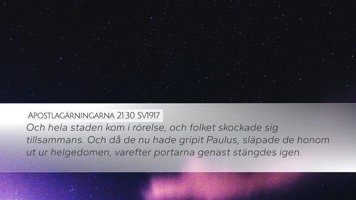 Apostlagärningarna 21:30 SV1917 Bible Verse Image