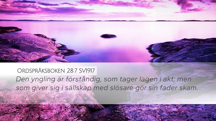 Ordspråksboken 28:7 SV1917 Bible Verse Image