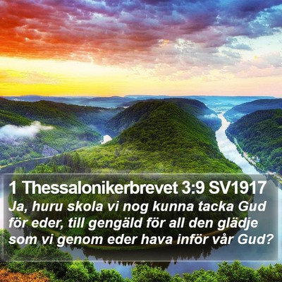 1 Thessalonikerbrevet 3:9 SV1917 Bible Verse Image