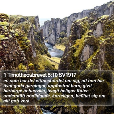 1 Timotheosbrevet 5:10 SV1917 Bible Verse Image