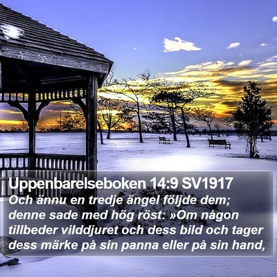 Uppenbarelseboken 14:9 SV1917 Bible Verse Image