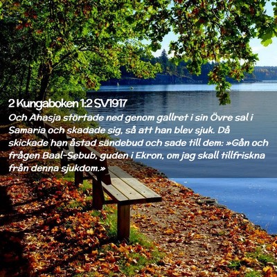 Picture 02 - 2 Kungaboken 1:2 SV1917 - Och Ahasja störtade ned genom gallret i sin - Bible Verse Picture