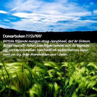 Picture 02 - Domarboken 7:1 SV1917 - Bittida följande morgon drog Jerubbaal, det är - Bible Verse Picture
