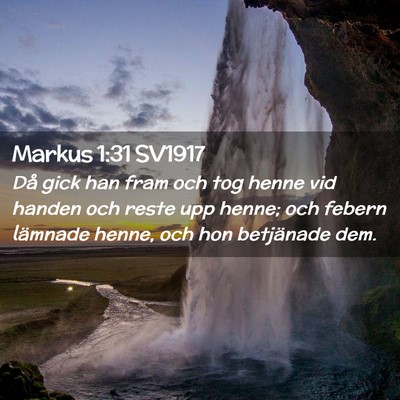 Picture 02 - Markus 1:31 SV1917 - Då gick han fram och tog henne vid handen och - Bible Verse Picture