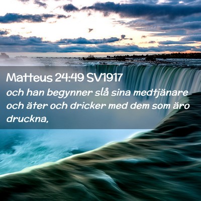 Picture 02 - Matteus 24:49 SV1917 - och han begynner slå sina medtjänare och äter - Bible Verse Picture