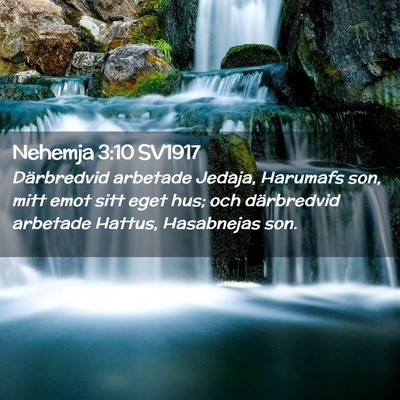Picture 02 - Nehemja 3:10 SV1917 - Därbredvid arbetade Jedaja, Harumafs son, mitt - Bible Verse Picture