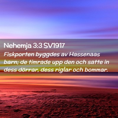 Picture 02 - Nehemja 3:3 SV1917 - Fiskporten byggdes av Hassenaas barn; de timrade - Bible Verse Picture