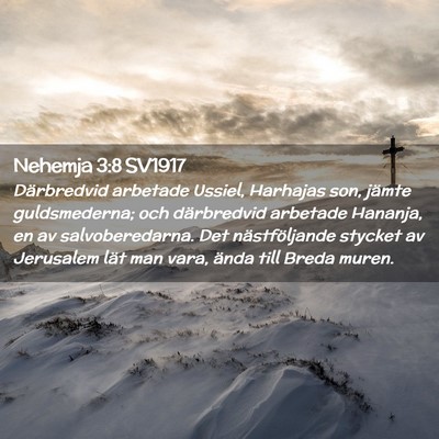 Picture 02 - Nehemja 3:8 SV1917 - Därbredvid arbetade Ussiel, Harhajas son, jämte - Bible Verse Picture