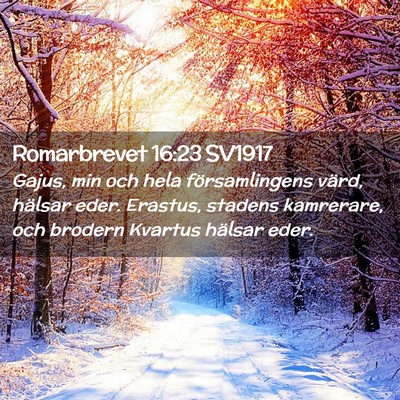Picture 02 - Romarbrevet 16:23 SV1917 - Gajus, min och hela församlingens värd, hälsar - Bible Verse Picture