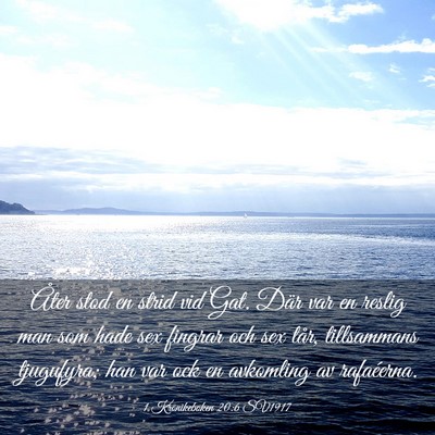 Picture 03 - 1 Krönikeboken 20:6 SV1917 - Åter stod en strid vid Gat. Där var en reslig - Bible Verse Picture