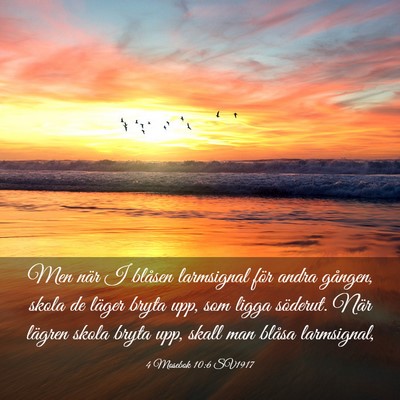 Picture 03 - 4 Mosebok 10:6 SV1917 - Men när I blåsen larmsignal för andra gången, - Bible Verse Picture