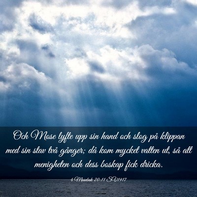 Picture 03 - 4 Mosebok 20:11 SV1917 - Och Mose lyfte upp sin hand och slog på klippan - Bible Verse Picture