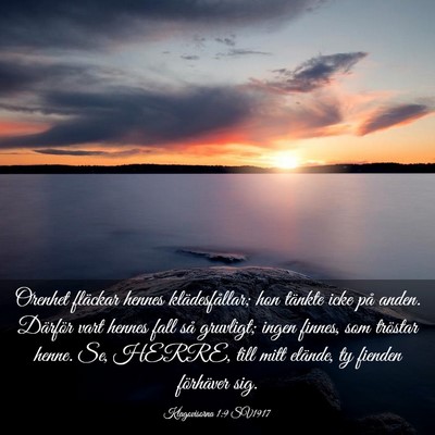 Picture 03 - Klagovisorna 1:9 SV1917 - Orenhet fläckar hennes klädesfållar; hon - Bible Verse Picture