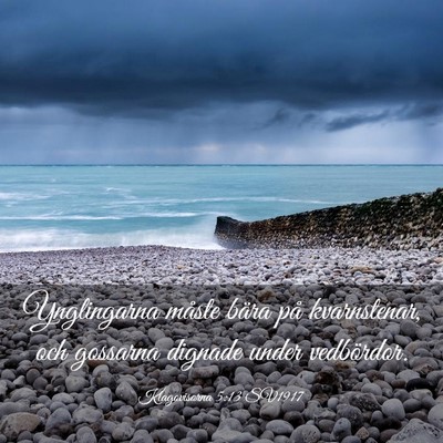 Picture 03 - Klagovisorna 5:13 SV1917 - Ynglingarna måste bära på kvarnstenar, och - Bible Verse Picture