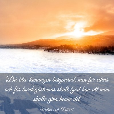 Picture 03 - Matteus 14:9 SV1917 - Då blev konungen bekymrad, men för edens och - Bible Verse Picture