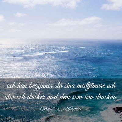 Picture 03 - Matteus 24:49 SV1917 - och han begynner slå sina medtjänare och äter - Bible Verse Picture