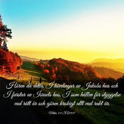 Picture 03 - Mika 3:9 SV1917 - Hören då detta, I hövdingar av Jakobs hus och - Bible Verse Picture