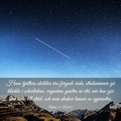 Picture 03 - Nahum 2:3 SV1917 - Hans hjältars sköldar äro färgade röda, - Bible Verse Picture