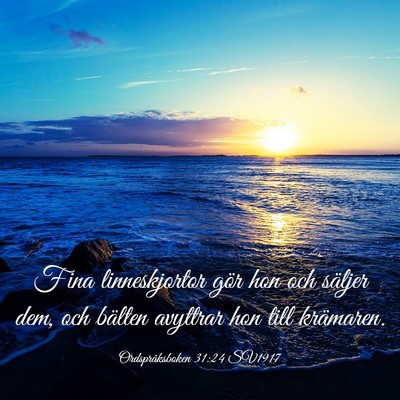Picture 03 - Ordspråksboken 31:24 SV1917 - Fina linneskjortor gör hon och säljer dem, och - Bible Verse Picture