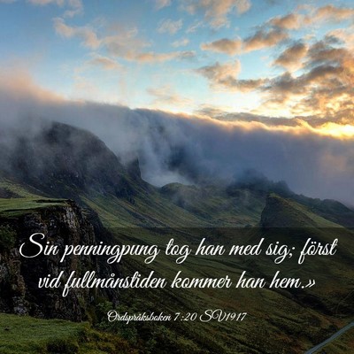 Picture 03 - Ordspråksboken 7:20 SV1917 - Sin penningpung tog han med sig; först vid - Bible Verse Picture