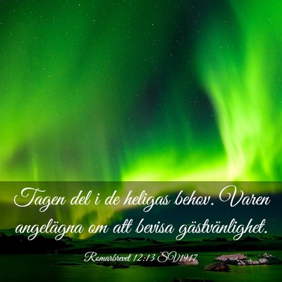 Picture 03 - Romarbrevet 12:13 SV1917 - Tagen del i de heligas behov. Varen angelägna om - Bible Verse Picture