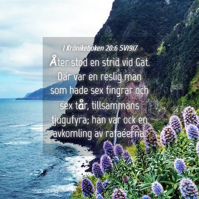Picture 04 - 1 Krönikeboken 20:6 SV1917 - Åter stod en strid vid Gat. Där var en reslig - Bible Verse Picture
