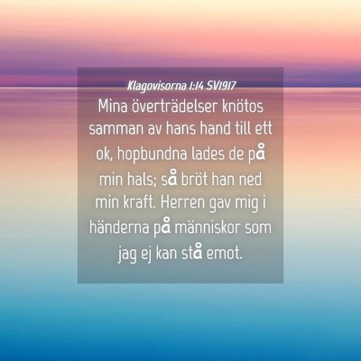 Picture 04 - Klagovisorna 1:14 SV1917 - Mina överträdelser knötos samman av hans hand - Bible Verse Picture