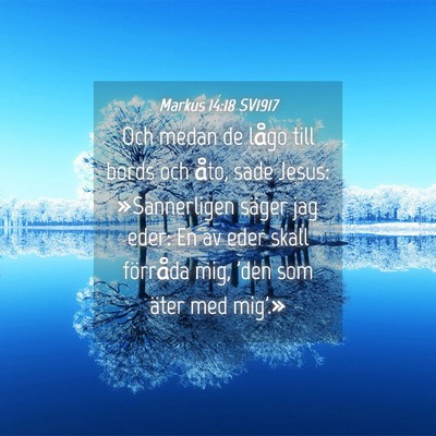 Picture 04 - Markus 14:18 SV1917 - Och medan de lågo till bords och åto, sade - Bible Verse Picture