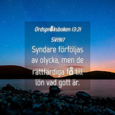 Picture 04 - Ordspråksboken 13:21 SV1917 - Syndare förföljas av olycka, men de - Bible Verse Picture
