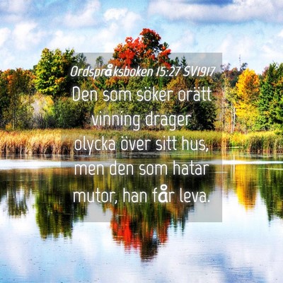 Picture 04 - Ordspråksboken 15:27 SV1917 - Den som söker orätt vinning drager olycka över - Bible Verse Picture