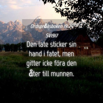 Picture 04 - Ordspråksboken 19:24 SV1917 - Den late sticker sin hand i fatet, men gitter - Bible Verse Picture