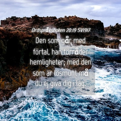 Picture 04 - Ordspråksboken 20:19 SV1917 - Den som går med förtal, han förråder - Bible Verse Picture