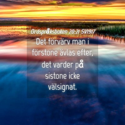 Picture 04 - Ordspråksboken 20:21 SV1917 - Det förvärv man i förstone ävlas efter, det - Bible Verse Picture
