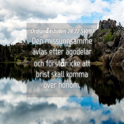 Picture 04 - Ordspråksboken 28:22 SV1917 - Den missunnsamme ävlas efter ägodelar och - Bible Verse Picture