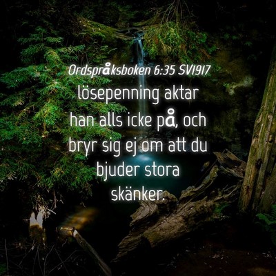 Picture 04 - Ordspråksboken 6:35 SV1917 - lösepenning aktar han alls icke på, och bryr - Bible Verse Picture
