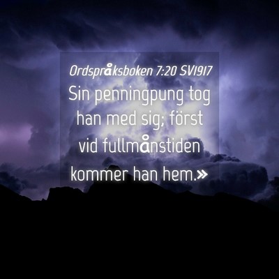 Picture 04 - Ordspråksboken 7:20 SV1917 - Sin penningpung tog han med sig; först vid - Bible Verse Picture