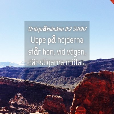 Picture 04 - Ordspråksboken 8:2 SV1917 - Uppe på höjderna står hon, vid vägen, där - Bible Verse Picture