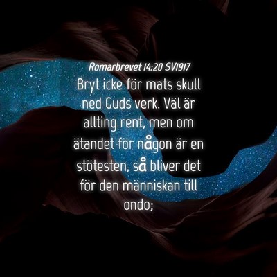 Picture 04 - Romarbrevet 14:20 SV1917 - Bryt icke för mats skull ned Guds verk. Väl är - Bible Verse Picture