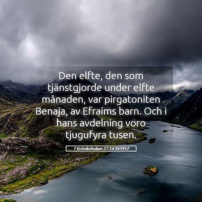 Picture 05 - 1 Krönikeboken 27:14 SV1917 - Den elfte, den som tjänstgjorde under elfte - Bible Verse Picture