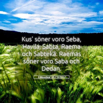 Picture 05 - 1 Mosebok 10:7 SV1917 - Kus' söner voro Seba, Havila, Sabta, Raema och - Bible Verse Picture