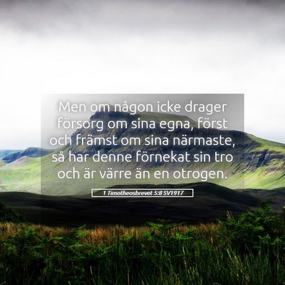 Picture 05 - 1 Timotheosbrevet 5:8 SV1917 - Men om någon icke drager försorg om sina egna, - Bible Verse Picture