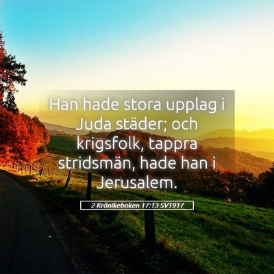 Picture 05 - 2 Krönikeboken 17:13 SV1917 - Han hade stora upplag i Juda städer; och - Bible Verse Picture