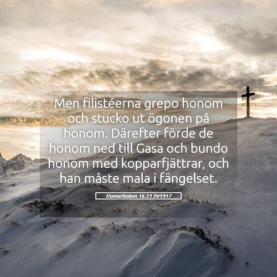 Picture 05 - Domarboken 16:21 SV1917 - Men filistéerna grepo honom och stucko ut - Bible Verse Picture