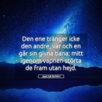 Picture 05 - Joel 2:8 SV1917 - Den ene tränger icke den andre, var och en går - Bible Verse Picture