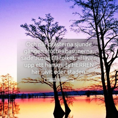 Picture 05 - Josua 6:16 SV1917 - Och när prästerna sjunde gången stötte i - Bible Verse Picture