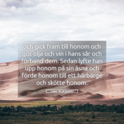 Picture 05 - Lukas 10:34 SV1917 - och gick fram till honom och göt olja och vin i - Bible Verse Picture