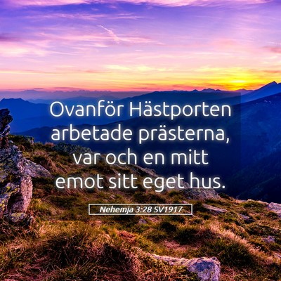 Picture 05 - Nehemja 3:28 SV1917 - Ovanför Hästporten arbetade prästerna, var och - Bible Verse Picture