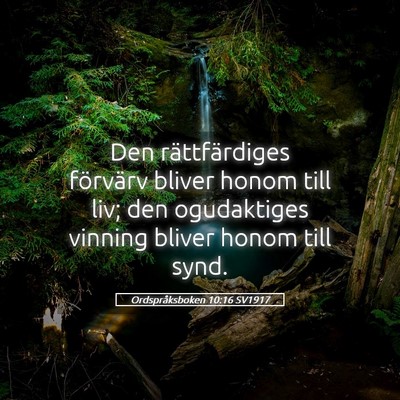 Picture 05 - Ordspråksboken 10:16 SV1917 - Den rättfärdiges förvärv bliver honom till - Bible Verse Picture