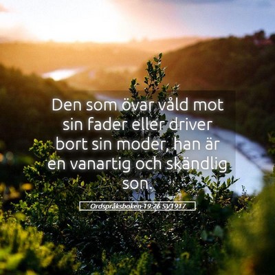 Picture 05 - Ordspråksboken 19:26 SV1917 - Den som övar våld mot sin fader eller driver - Bible Verse Picture